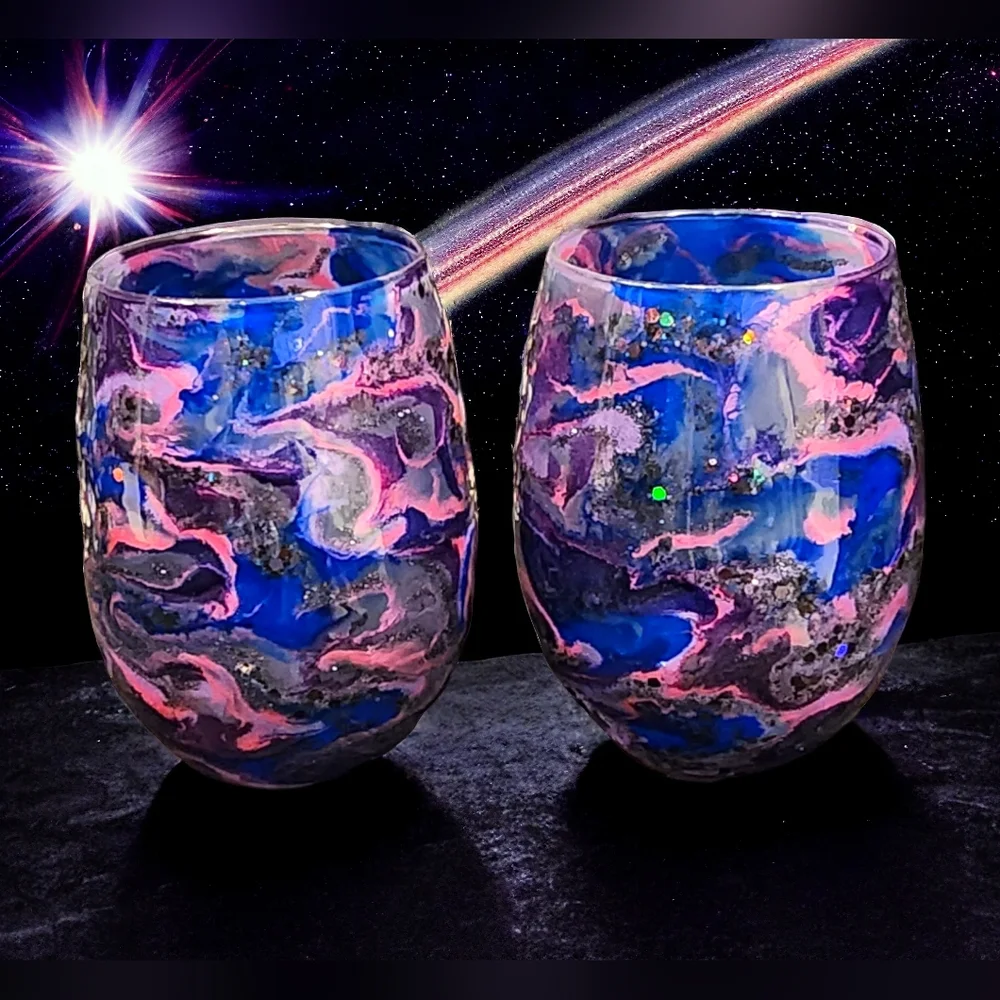 ((SOLD)) Galaxy/Stemless Wine Glass Set - Picture 1 of 3
